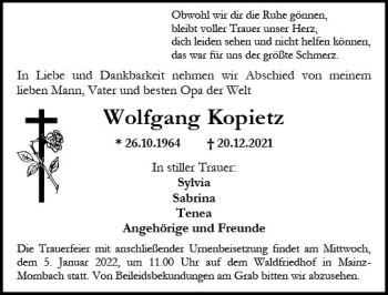 Traueranzeige von Wolfgang Kopietz von vrm-trauer