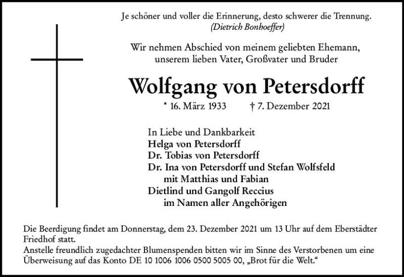  Traueranzeige für Wolfgang von Petersdorff vom 11.12.2021 aus vrm-trauer
