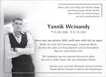Traueranzeige von Yannik Weinandy von vrm-trauer