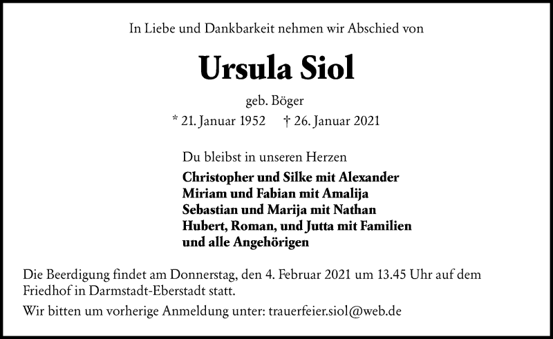  Traueranzeige für Ursula Siol vom 02.02.2021 aus VRM Tageszeitungen