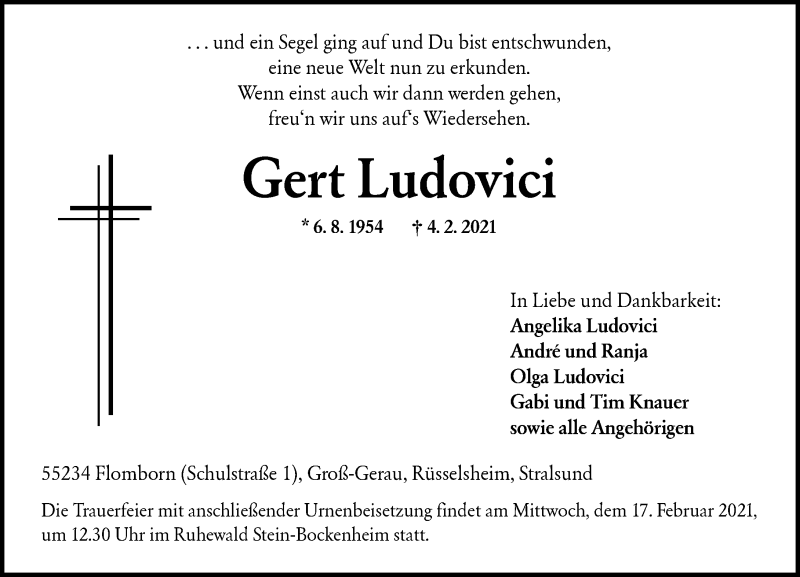  Traueranzeige für Gert Ludovici vom 13.02.2021 aus VRM Tageszeitungen