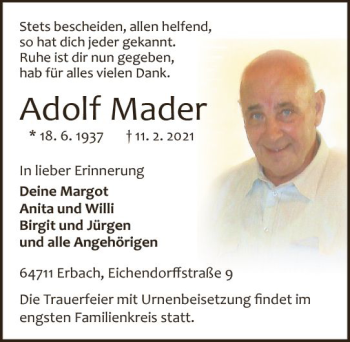 Traueranzeige von Adolf Mader von vrm-trauer