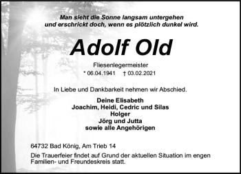 Traueranzeige von Adolf Old von vrm-trauer