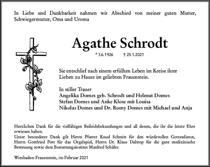  Traueranzeige für Agathe Schrodt vom 20.02.2021 aus vrm-trauer