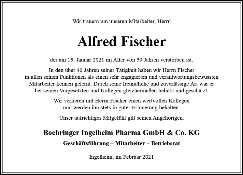  Traueranzeige für Alfred Fischer vom 01.02.2021 aus vrm-trauer