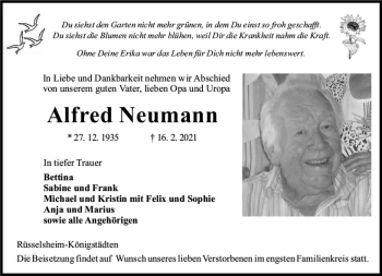 Traueranzeige von Alfred Neumann von vrm-trauer