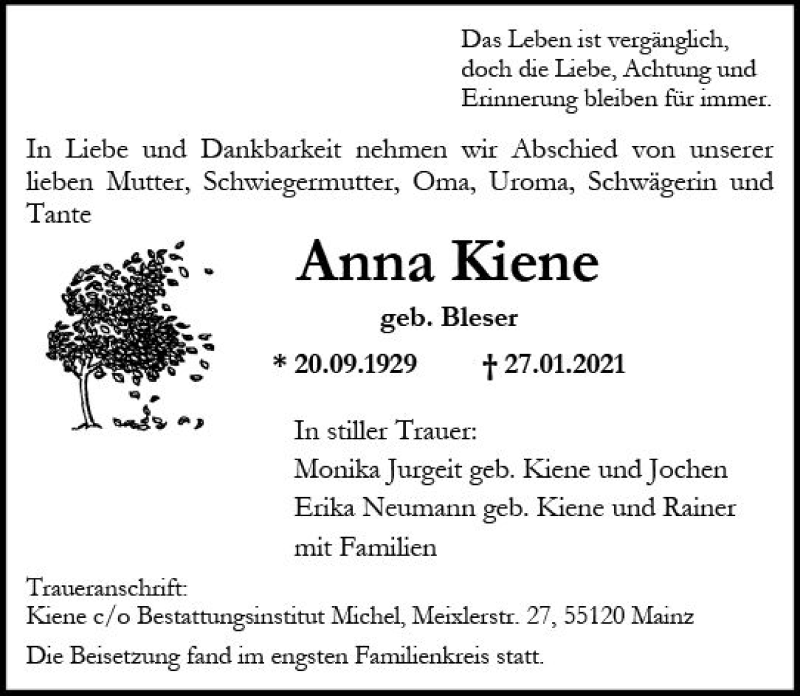  Traueranzeige für Anna Kiene vom 13.02.2021 aus vrm-trauer