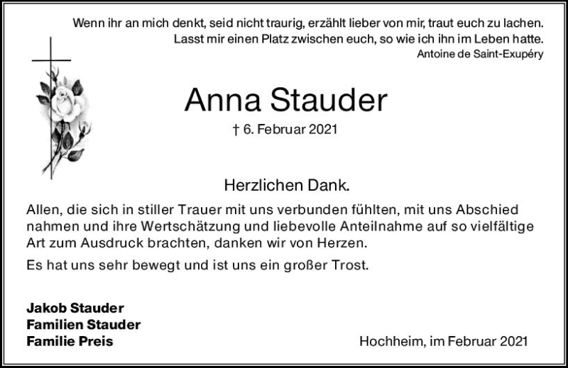  Traueranzeige für Anna Stauder vom 26.02.2021 aus vrm-trauer