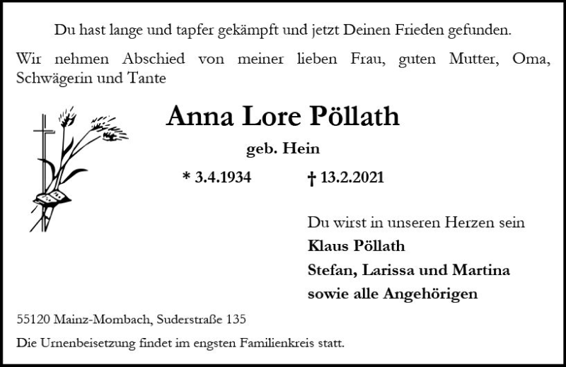  Traueranzeige für Anna Lore Pöllath vom 20.02.2021 aus vrm-trauer