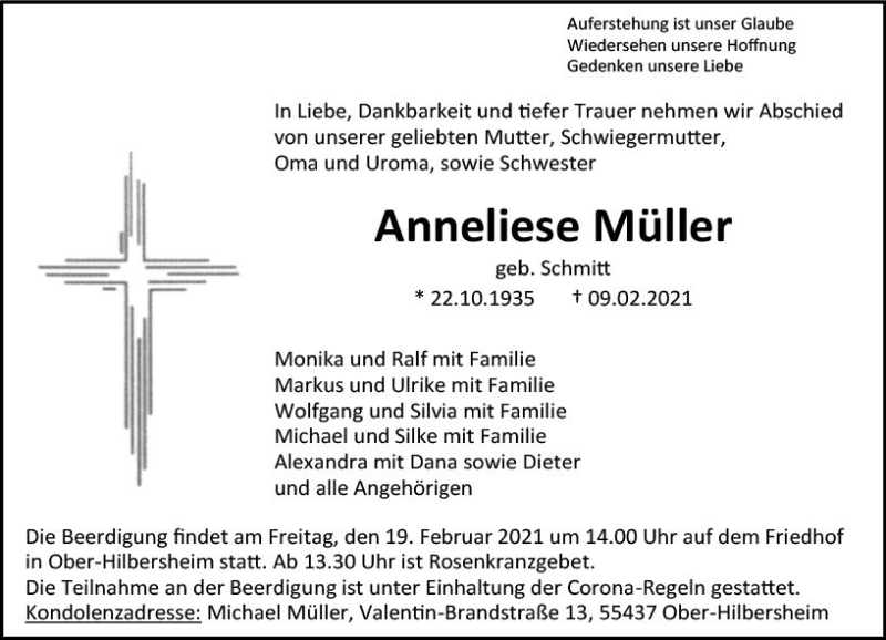  Traueranzeige für Anneliese Müller vom 15.02.2021 aus vrm-trauer