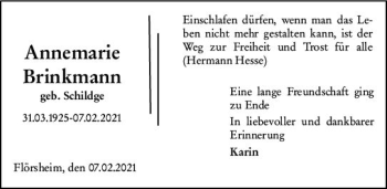 Traueranzeige von Annemarie Brinkmann von vrm-trauer