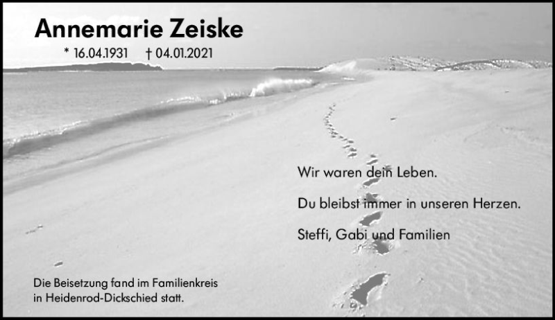  Traueranzeige für Annemarie Zeiske vom 06.02.2021 aus vrm-trauer