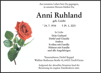 Traueranzeige von Anni Ruhland von vrm-trauer