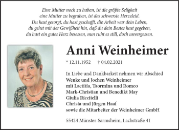 Traueranzeige von Anni Weinheimer von vrm-trauer