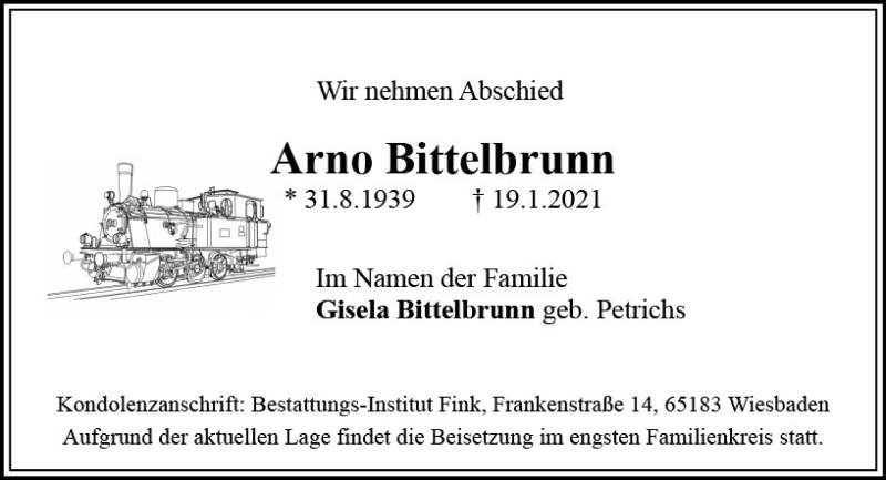  Traueranzeige für Arno Bittelbrunn vom 13.02.2021 aus vrm-trauer