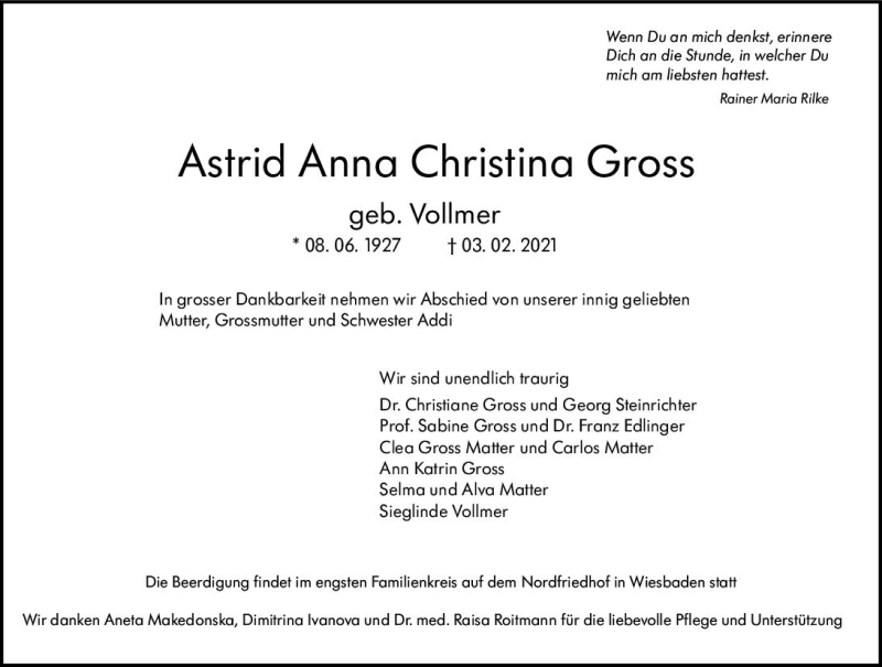  Traueranzeige für Astrid Anna Christina Gross vom 13.02.2021 aus vrm-trauer