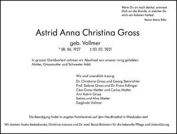 Traueranzeige von Astrid Anna Christina Gross von vrm-trauer
