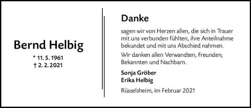  Traueranzeige für Bernd Helbig vom 27.02.2021 aus vrm-trauer
