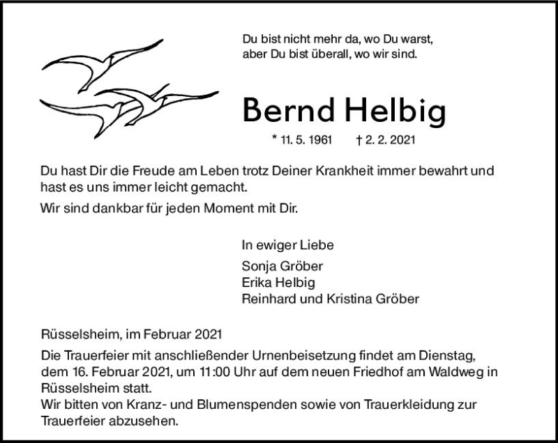  Traueranzeige für Bernd Helbig vom 06.02.2021 aus vrm-trauer