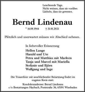 Traueranzeige von Bernd Lindenau von vrm-trauer