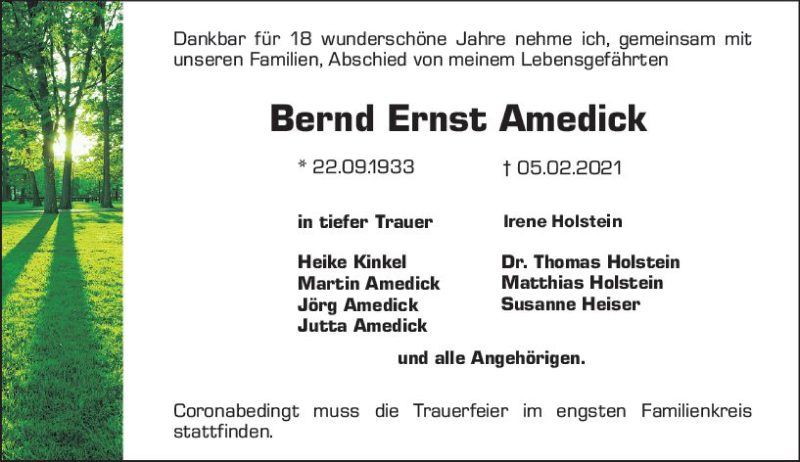  Traueranzeige für Bernd Ernst Amedick vom 13.02.2021 aus vrm-trauer