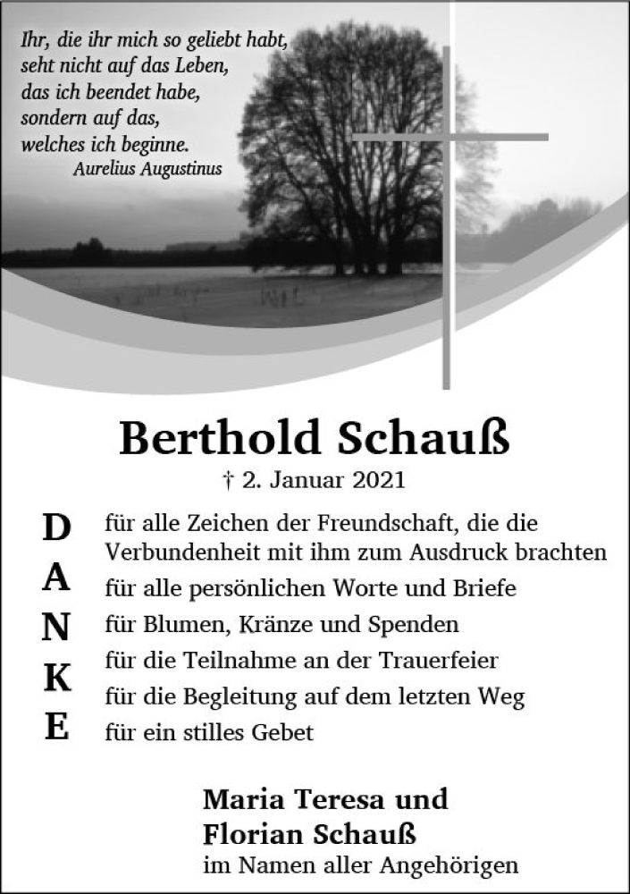  Traueranzeige für Berthold Schauß vom 06.02.2021 aus vrm-trauer