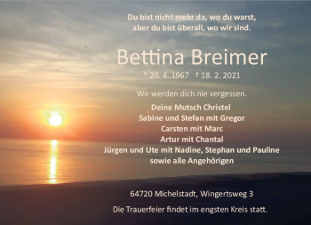 Traueranzeige von Bettina Breimer von vrm-trauer