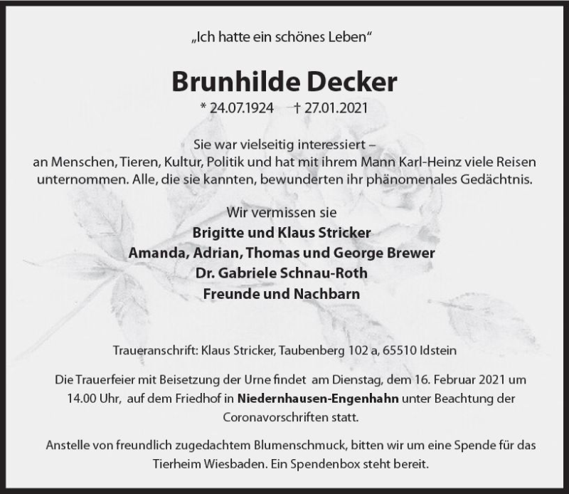  Traueranzeige für Brunhilde Decker vom 06.02.2021 aus vrm-trauer