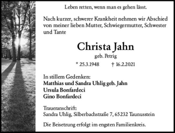 Traueranzeige von Christa Jahn von vrm-trauer