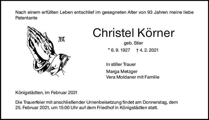  Traueranzeige für Christel Körner vom 20.02.2021 aus vrm-trauer