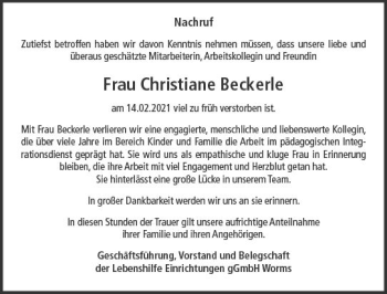 Traueranzeige von Christiane Beckerle von vrm-trauer