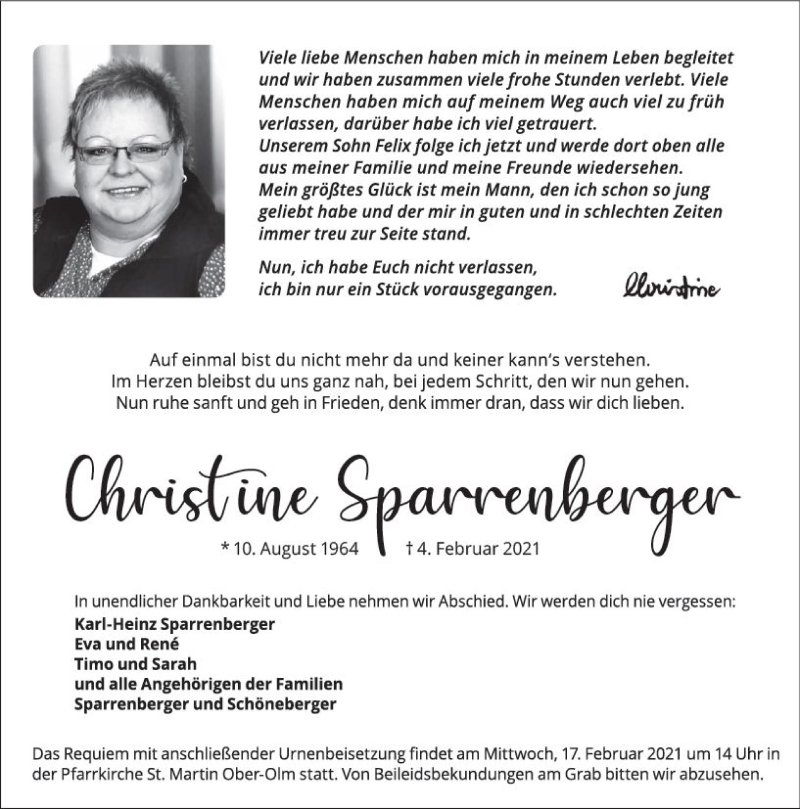  Traueranzeige für Christine Sparrenberger vom 09.02.2021 aus vrm-trauer