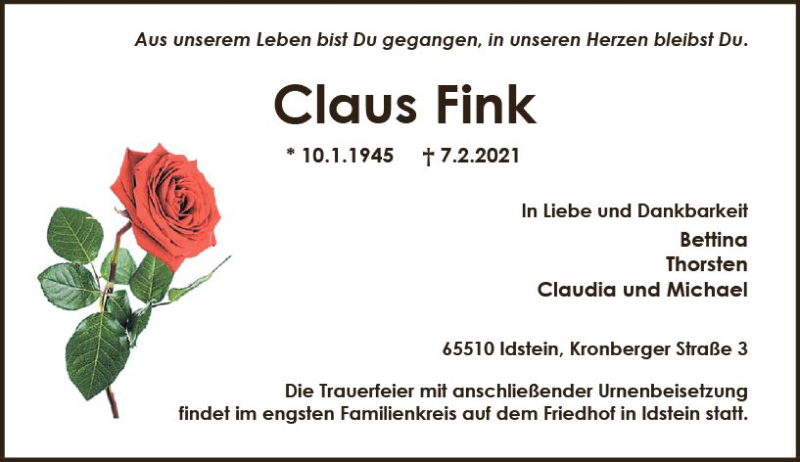  Traueranzeige für Claus Fink vom 13.02.2021 aus vrm-trauer