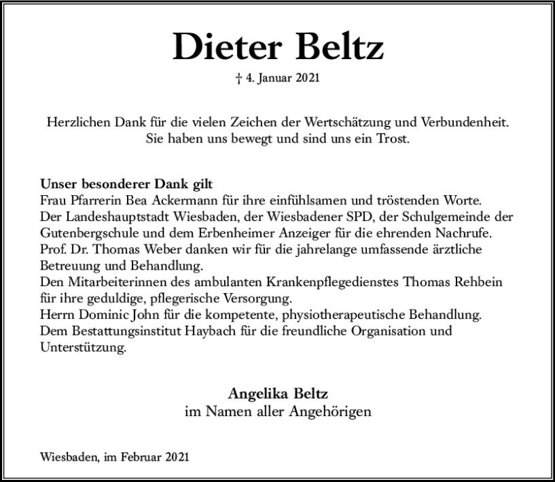  Traueranzeige für Dieter Beltz vom 06.02.2021 aus vrm-trauer