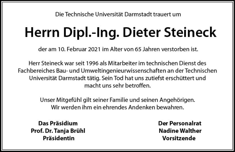  Traueranzeige für Dieter Steineck vom 19.02.2021 aus vrm-trauer
