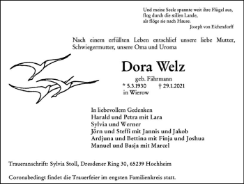 Traueranzeige von Dora Welz von vrm-trauer
