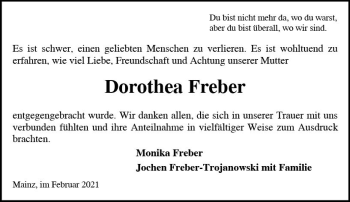 Traueranzeige von Dorothea Freber von vrm-trauer