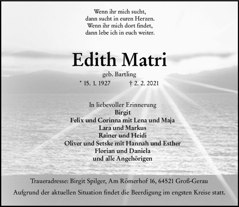  Traueranzeige für Edith Matri vom 06.02.2021 aus vrm-trauer