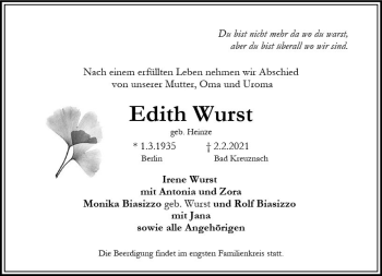 Traueranzeige von Edith Wurst von vrm-trauer