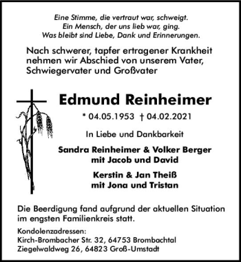 Traueranzeige von Edmund Reinheimer von vrm-trauer