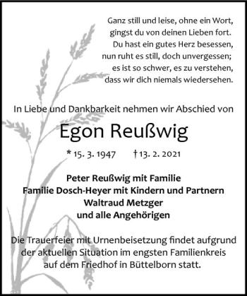 Traueranzeige von Egon Reußwig von vrm-trauer