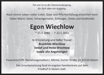 Traueranzeige von Egon Wiechlow von vrm-trauer