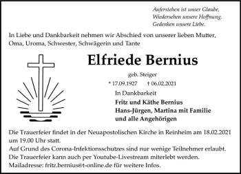 Traueranzeige von Elfriede Bernius von vrm-trauer