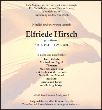 Traueranzeige von Elfriede Hirsch von vrm-trauer