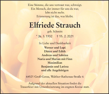 Traueranzeige von Elfriede Strauch von vrm-trauer