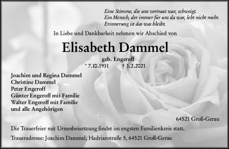  Traueranzeige für Elisabeth Dammel vom 13.02.2021 aus vrm-trauer
