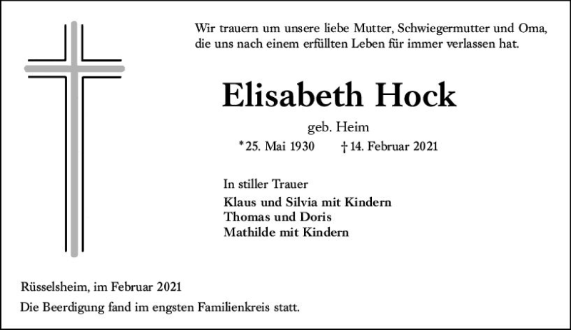 Traueranzeige für Elisabeth Hock vom 27.02.2021 aus vrm-trauer