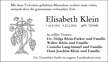 Traueranzeige von Elisabeth Klein von vrm-trauer