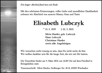 Traueranzeige von Elisabeth Lubczyk von vrm-trauer