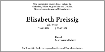 Traueranzeige von Elisabeth Preissig von vrm-trauer